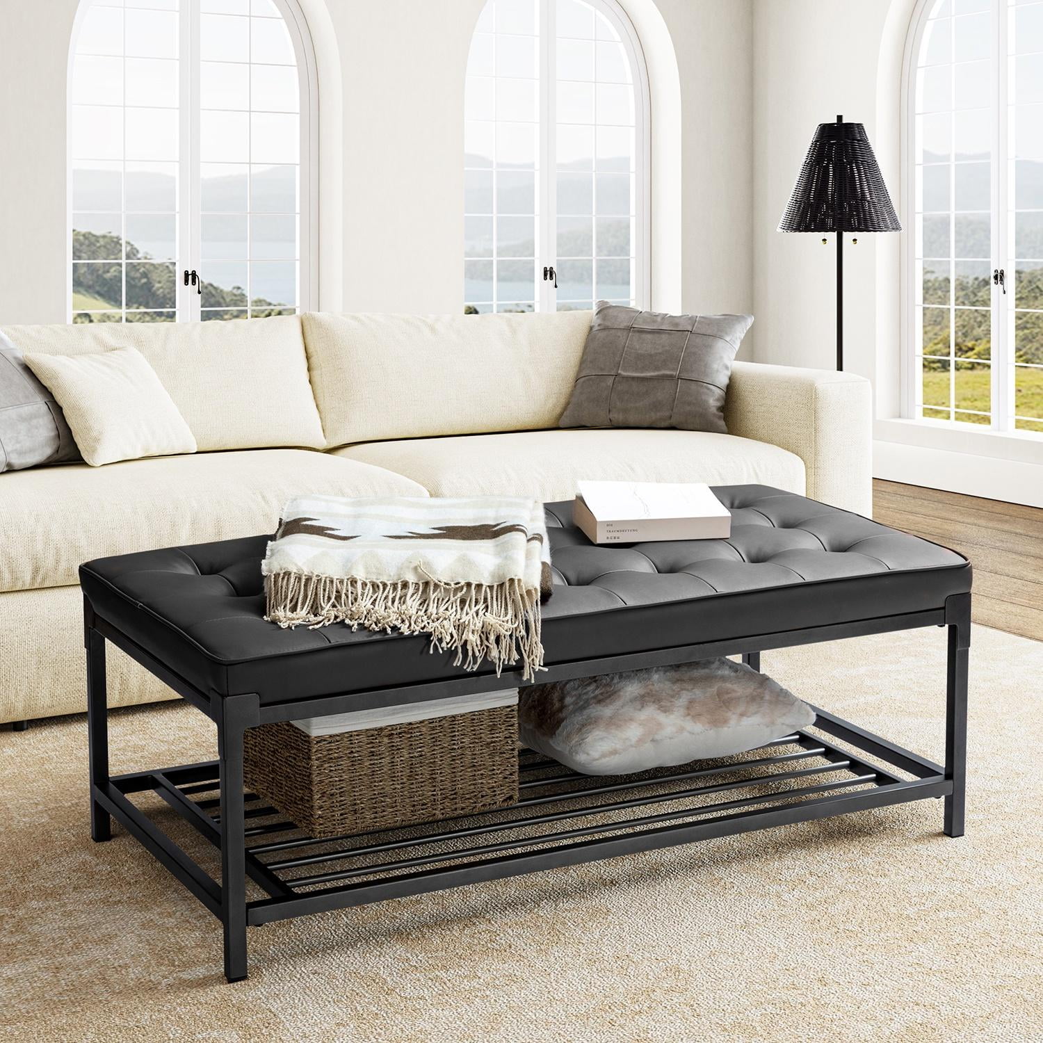 48 Leather Rectangle Storage Ottoman Coffee Table Tufted Metal Base Home Living Room Bedroom Black