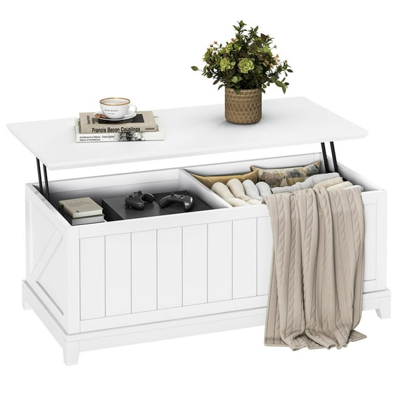 48” Lift Top Coffee Table, Coffee Tables with Storage and Fence Design, Center Table for Home Office, White