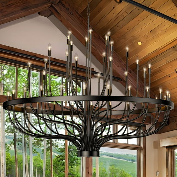 48-Light Adjustable Farmhouse Chandelier, Black Candle-Style Hanging Light for High Ceiling Entryway, Dining Room, Living Room, Foyer