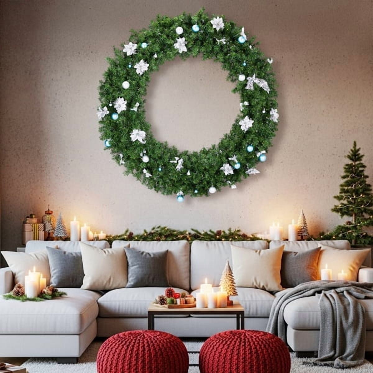 48" Lighted Artificial Christmas Wreath - 450 PVC Fir Branches, 150 Warm/Cold White LEDs (11 Modes) w/Remote, Light Green Decor for Front Door/Mantel