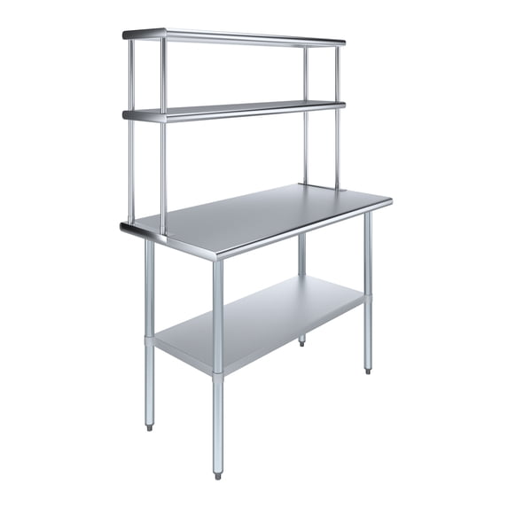 48" Long x 24" Deep" Stainless Steel Work Table With 12" Wide Double Tier Overshelf | Metal Kitchen Prep Table & Shelving Combo