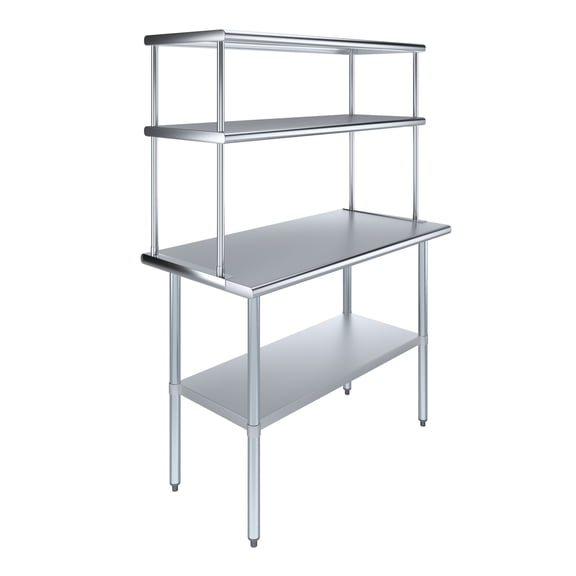 48" Long x 24" Deep" Stainless Steel Work Table With 18" Wide Double Tier Overshelf | Metal Kitchen Prep Table & Shelving Combo