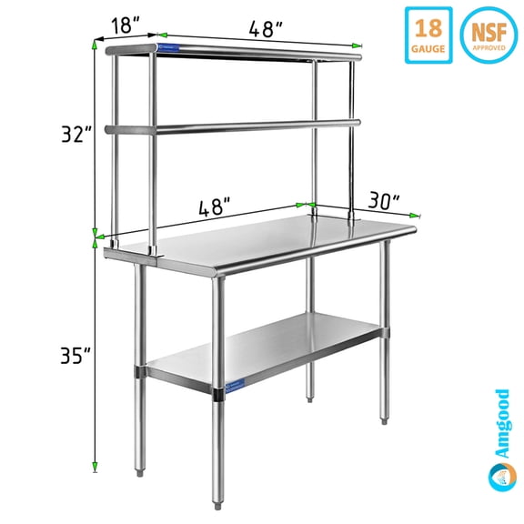 48" Long x 30" Deep" Stainless Steel Work Table With 18" Wide Double Tier Overshelf | Metal Kitchen Prep Table & Shelving Combo