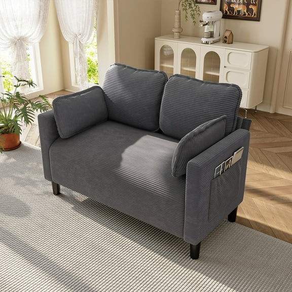 48" Loveseat Sofa, Modern Corduroy Couch with 2 Pillows and Side Storage Pocket, 2 Seater Small Sofa for Living Room Bedroom Apartment Office, Grey