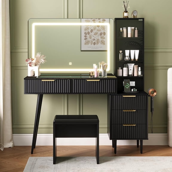 48" Makeup Vanity Desk with w/Charging Station for Bedroom,Makeup Vanity Table with Soft Stool,Makeup Desk with 4 Drawers & Shelves,Dressing Table Set w/Charging Station for Bedroom