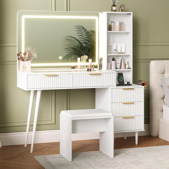 48" Makeup Vanity Desk with w/Charging Station for Bedroom,Makeup Vanity Table with Soft Stool,Makeup Desk with 4 Drawers & Shelves,Dressing Table Set w/Charging Station for Bedroom