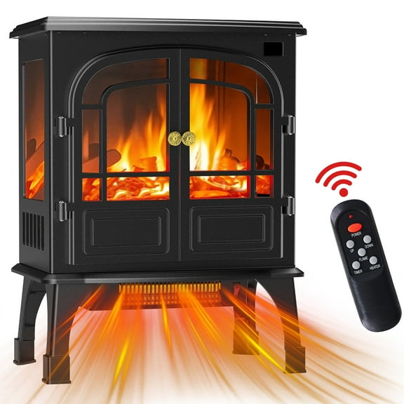 Simenmax Freestanding Electric Fireplace Heater, 26" Two Door Electric Fireplace Infrared Stove Heater, 3D Realistic Flame Effects, Adjustable Brightness and Heating Mode, Overheating Safe Design
