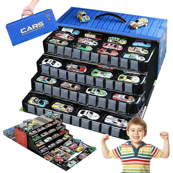 48 Mini Pull-Back Cars with Built-in Garage Set, Metal Die-Cast Racing Cars, Matchbox Cars Bulk, Friction Powered Toy Cars with Storage Box and Play Map, Alloy Racing Car Collection