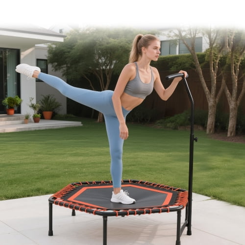 48" Mini Rebounder for Adults with Adjustable Handle Bar, Quiet Bungee Fitness Trampoline, 330lbs Capacity Indoor Outdoor Workout Equipment, Low Impact Cardio & Strength Training for Home Gym, Orange