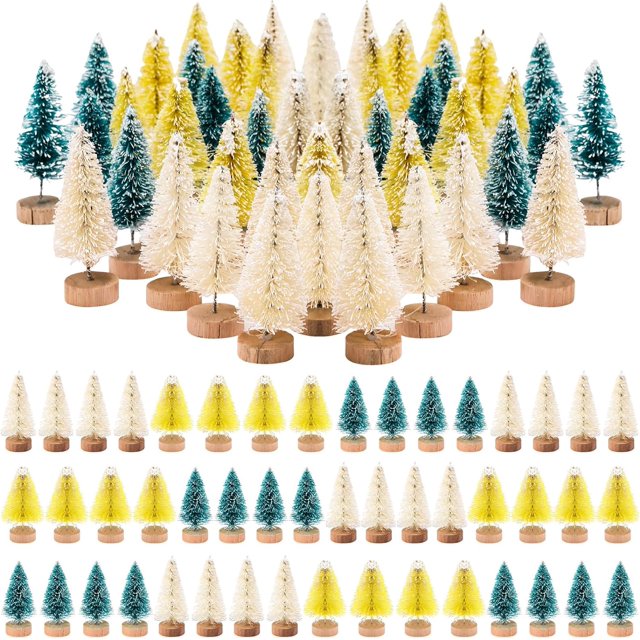 48 Mini Sisal Snow Frost Trees with Wood Bases Christmas Decor Set
