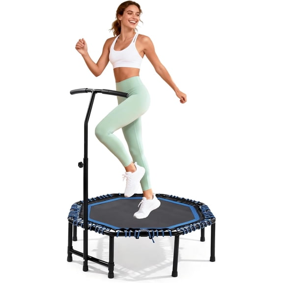 48" Mini Trampoline for Adults, Rebounder with Adjustable Handle Bar, Bungee Ropes, Indoor Outdoor,Fitness Trampoline for Home and Gym, Cardio & Strength Training