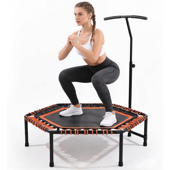 48" Mini Trampoline for Adults, Rebounder with Adjustable Handle Bar, Bungee Ropes, Indoor Outdoor,Fitness Trampoline for Home and Gym, Cardio & Strength Training