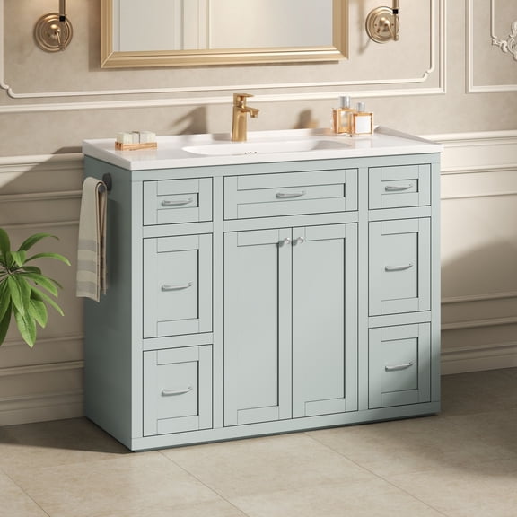 48" Mint Green Bathroom Vanity with Ceramic Sink 6 Drawers (3 Each Side), Center Flip-Out Drawer, Soft-Close Double Doors, Reversible Side Towel Rack, Silver Handles, MDF