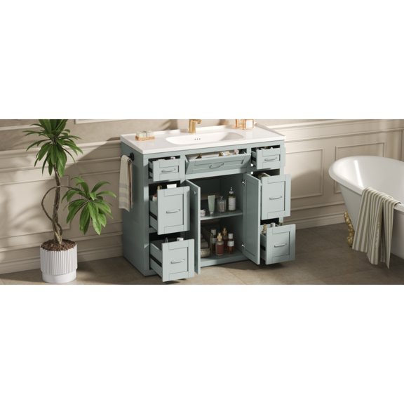 48" Mint Green Bathroom Vanity with Ceramic Sink, 6 Drawers, Soft-Close Doors, Reversible Towel Rack