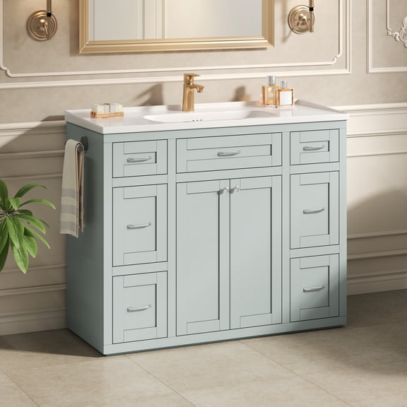 48" Mint Green Bathroom Vanity with Ceramic Sink 6 Drawers, Soft-Close, Reversible Towel Rack, MDF