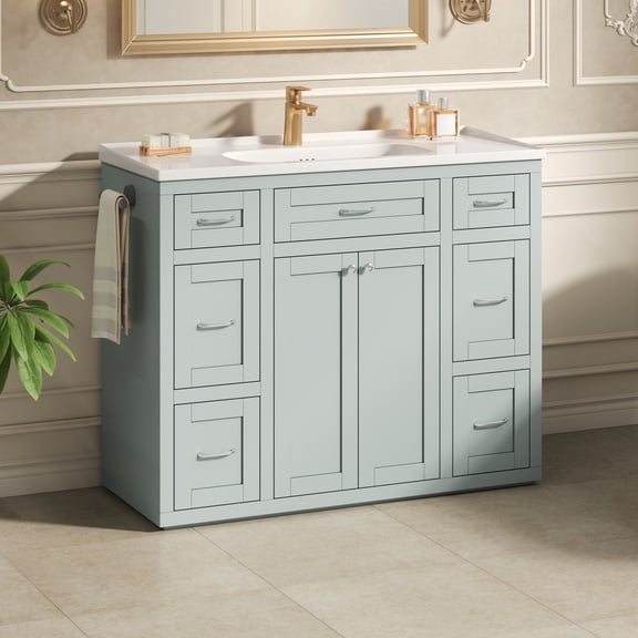 48" Mint Green Bathroom Vanity with Ceramic Sink and 6 Drawers