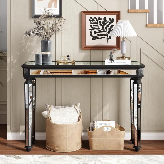 48" Mirrored Console Table with Vintage Carved Details, Modern Luxury Glass Sofa Table for Living Room, Entryway, Foyer & Hallway(Black)