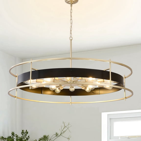 48" Modern Black and Gold 16-Light Chandelier, Round Adjustable Pendant Light with 3 Chain Options for Dining Room Living Room Foyer Kitchen Island