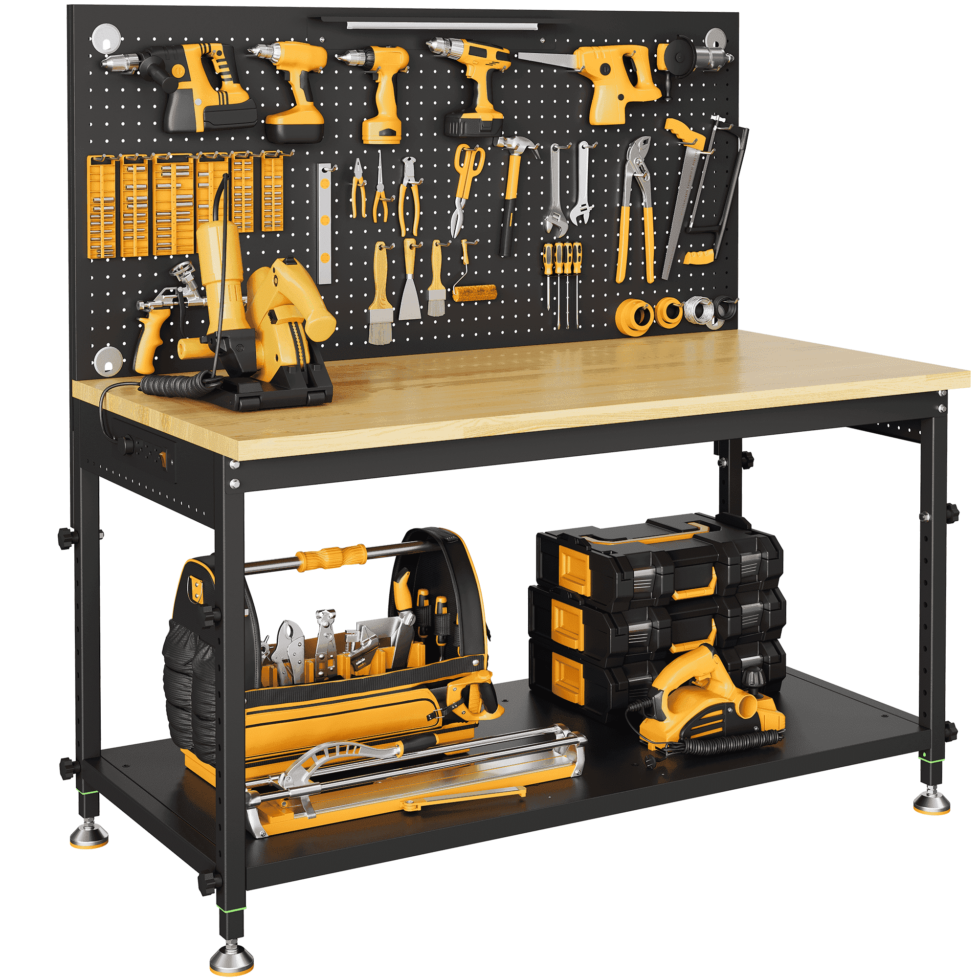 CAMMOO 48" Multifunctional Heavy Duty Workbench for Garage with Pegboard, 2000LBS Load,Adjustable Height Worktable,Storage Shelf,LED Light, Built-in Power Strip