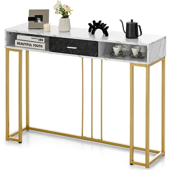 48 Narrow Console Table, Modern Chic Entryway Table with Faux Marble Tabletop & Gold Finished Frame, Sofa Table with 2 Open Compartments & Drawer for Living Room Hallway Dining Room