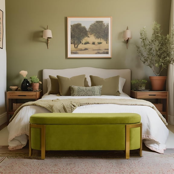 48" Navy Blue Velvet Storage Ottoman Bench with Gold Legs, 4ft Modern Upholstered Stool with Padded Seat, Long Oval Settee for Bedroom, Living Room, End of Bed, Sofa Couch, Entryway, Hallway