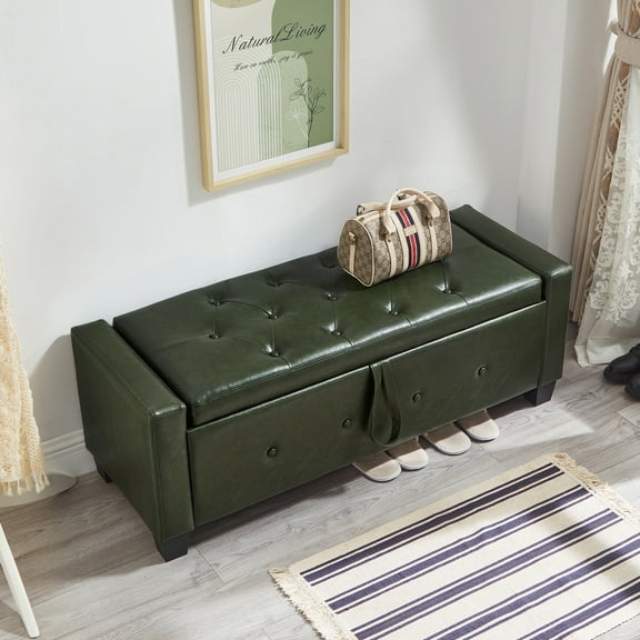 48" Ottoman Bench with Storage, Entryway Bench with Upholstered Tufted Faux Leather PU and Solid Wood Frame, Weight Capacity 300 lbs, Foot Rest Stool for Living Room, Entryway, Hallway, Dark Green