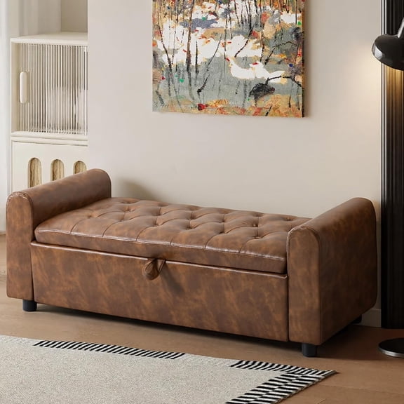 Hanyu 48" Ottoman with Storage, Tufted Storage Ottoman Bench, Convenient Living Room Fabrics Bench Seat, Entryway Shoe Benches with Inner Zipper & Arm, Rivetless Upholstered Window Seat , Brown