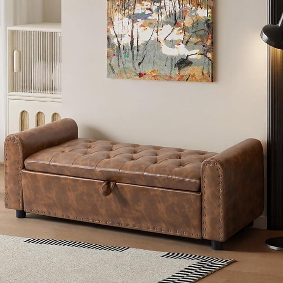 Hanyu 48" Ottoman with Storage, Tufted Storage Ottoman Bench, Convenient Living Room Fabrics Bench Seat, Entryway Shoe Benches with Inner Zipper & Arm, Upholstered Window Seat Ottomans ， Brown