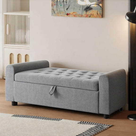 48" Ottoman with Storage, Tufted Storage Ottoman , Convenient Living Room Fabrics Seat, Entryway Shoe Benches with Inner Zipper & Arm, Rivetless Upholstered Window Seat Ottomans, Dark Grey