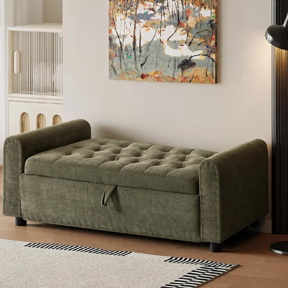 48" Ottoman with Storage, Tufted Storage Ottoman , Convenient Living Room Fabrics  Seat, Entryway Shoe Benches with Inner Zipper & Arm, Upholstered Window Seat Ottomans with Rivets, Green