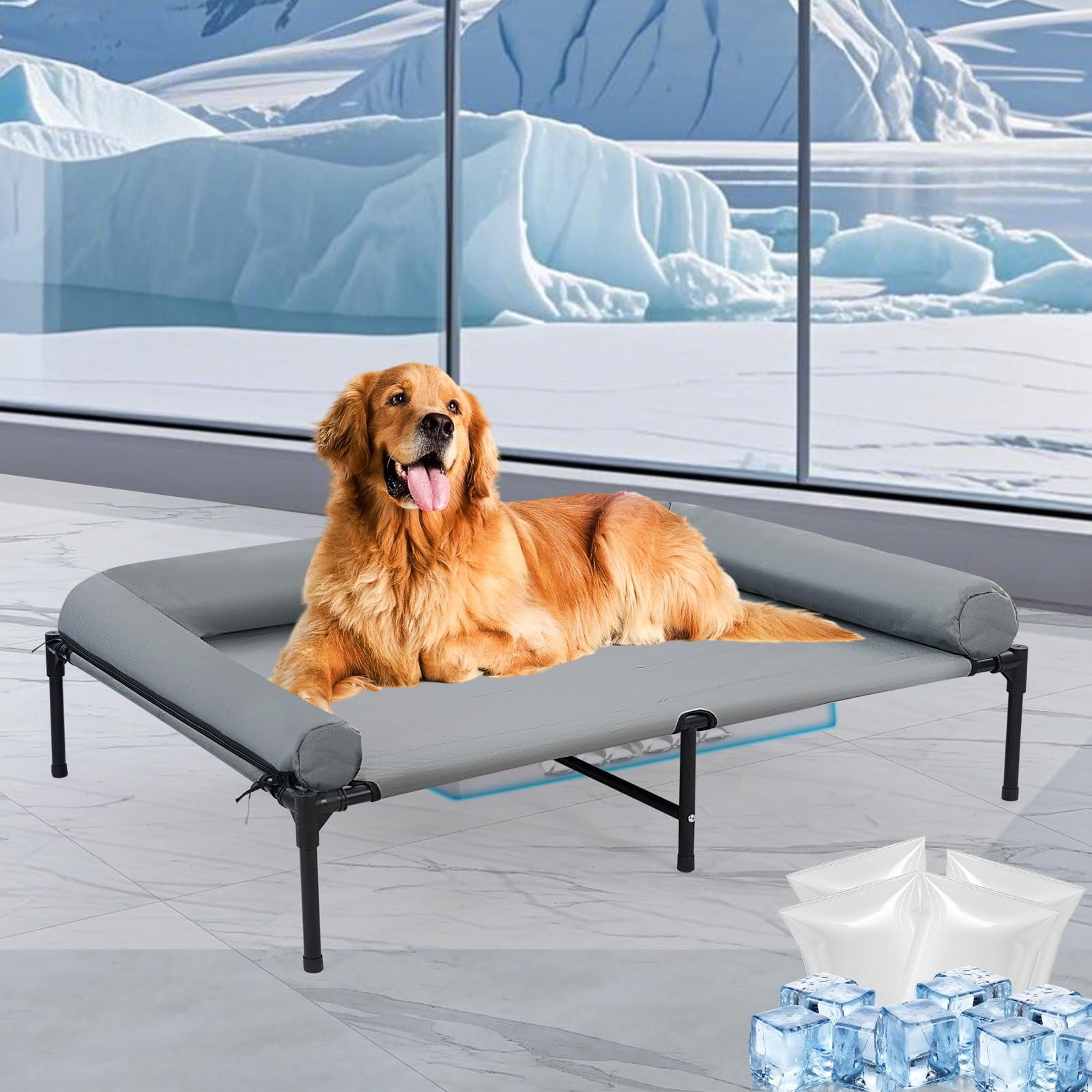 48'' Outdoor Elevated Dog Bed With Pillow  Raised Dogs Six Support Feet Breathable Beds Medium Large Size Pet Hammock 4 Ice Pack(x-large)