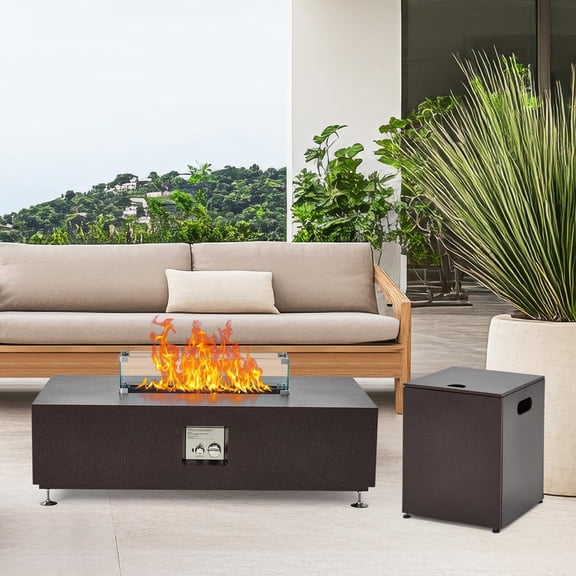48" Outdoor Fire Table, 48 inch Rectangle Propane Gas Fire Pit Table, 50,000 BTU Modern Firepit with 16 inch Tank Cover Side Table, Wind Guard, Fire Glass, Rain Cover