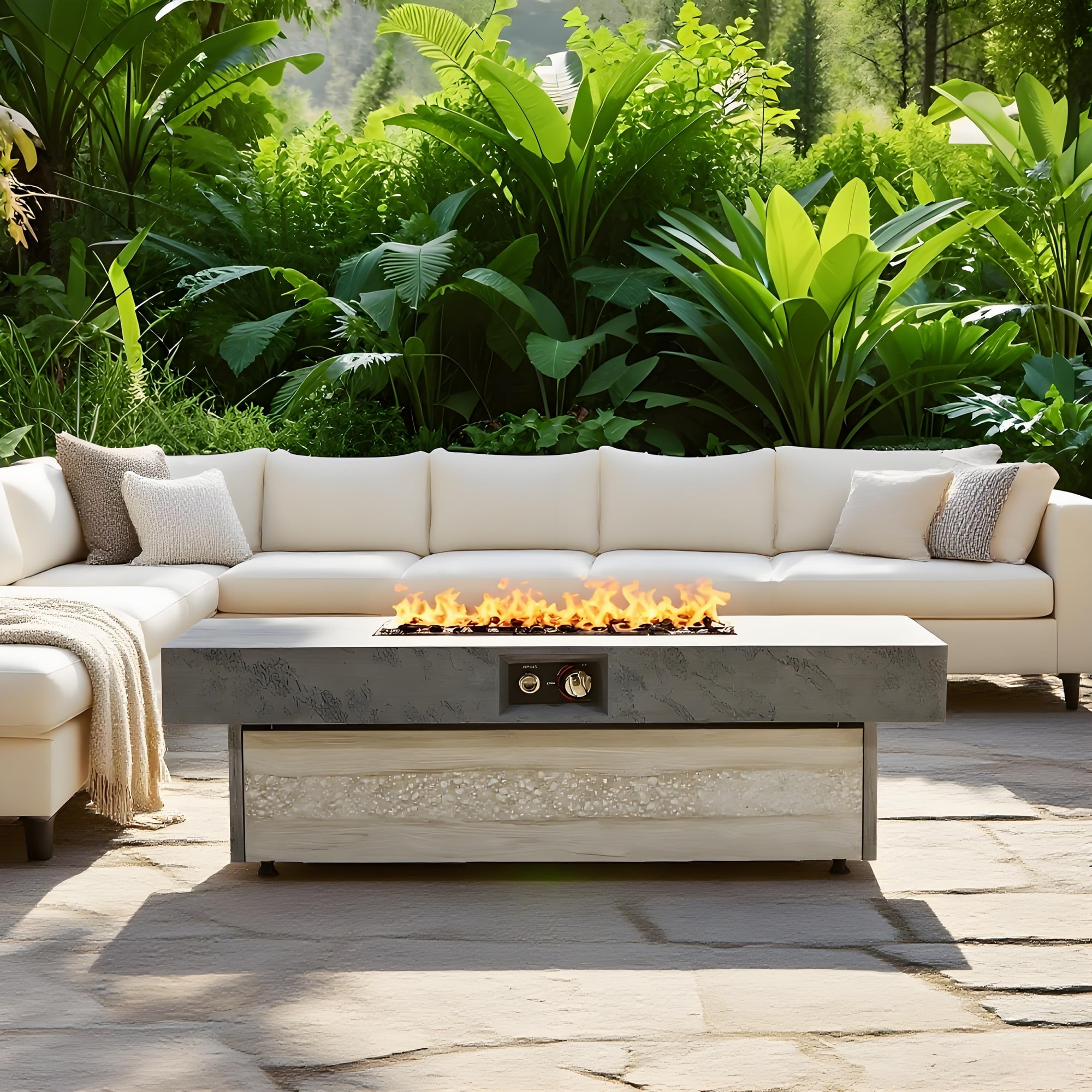 48" Outdoor Propane Fire Pit Table, 50,000 BTU Rectangle Fire Pit with Adjustable Height & Removable Lid, Patio Heater with Glass Stones for Deck, Garden, Backyard