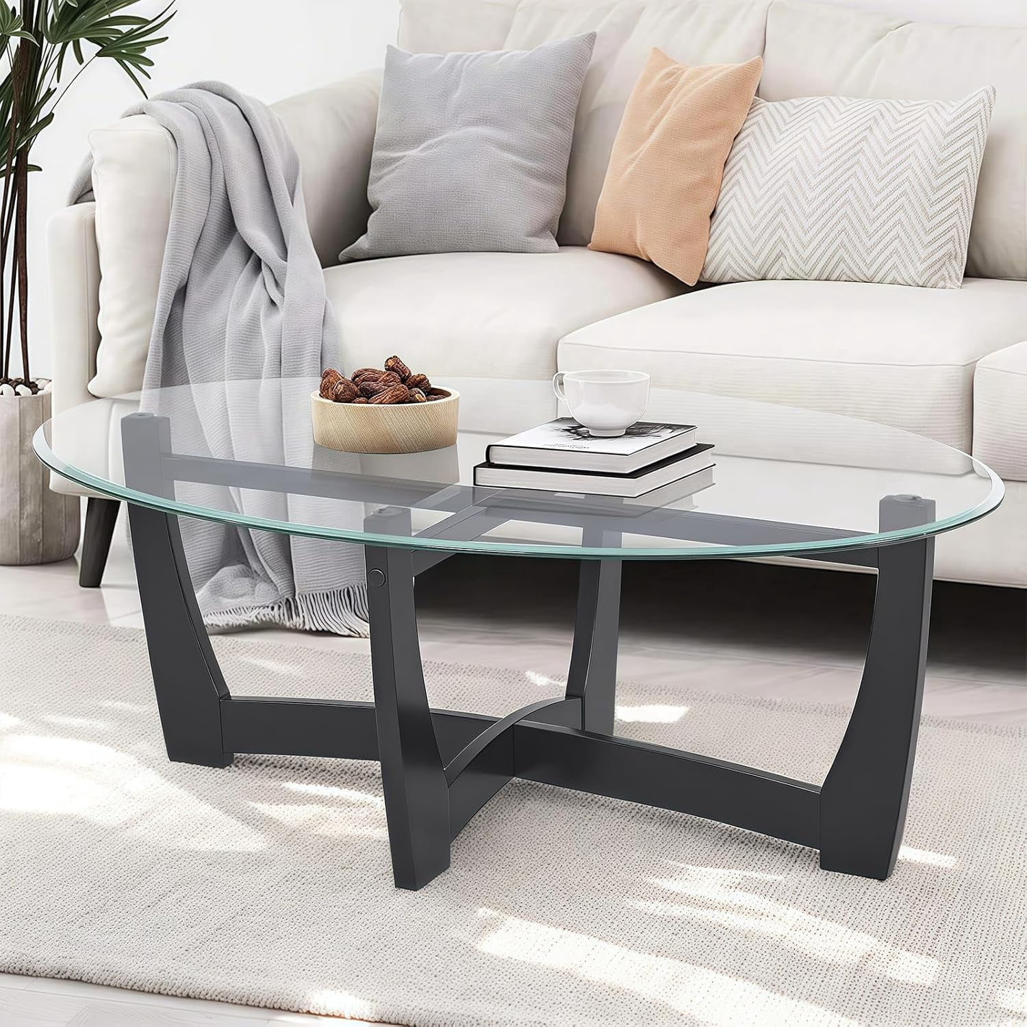 48" Oval Glass Coffee Table,Small Space Coffee Tables with Tempered ...