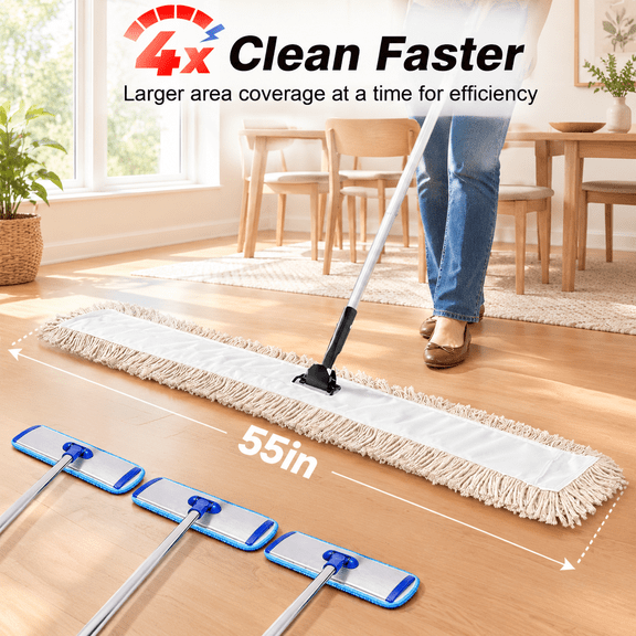 48" Oversized Industrial Dry Dust Mop & Floor Sweeper with Heavy Duty Long Handle