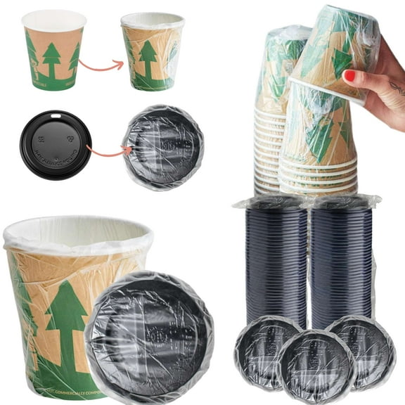 48 PACK 10 oz. Kraft Compostable Individually Wrapped Hot Paper Cups with Lids For Cafe, Hotel Motel Room, takeout box, airbnb host