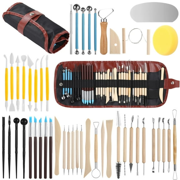48 PCS Clay Sculpting Tools, Wooden and Metal Pottery Carving Kit with Roll-up Storage Bag, Versatile Tips for Beginners and Professionals