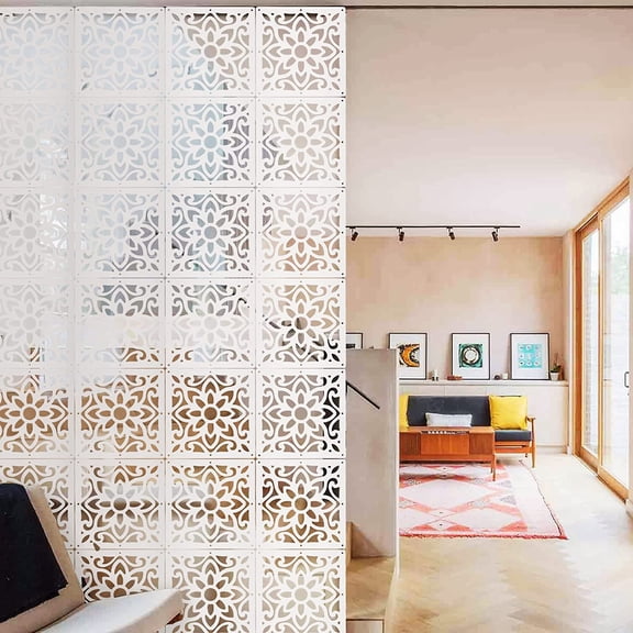48 PCS Hanging Room Divider Decorative Thick Wall Screen Panels Floral Carving Pattern Hollow Out Design for Bedroom Living Dining Room Kitchen Office Restaurant Home Hotel Decor - White Flower