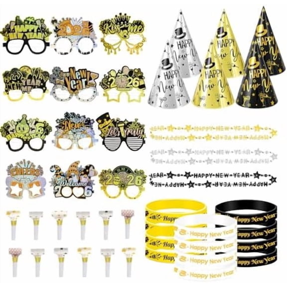 48 PCS Happy New Year Party Decorations Kit, Nye Parties Favors 2026 Glasses, Nye Hat, Noise Makers, Silicone Wristbands, Necklaces, New Years Eve Party Supplies 2026$$Home Decor, Kitchen, & Other