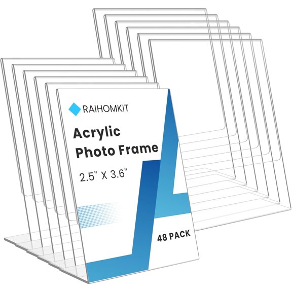 48 PCS Mini Acrylic Sign Holders, 2.5 x 3.6 Inch Clear Photo Frame, Mini Acrylic Picture Frame, L Shape Slant Back Display Stand for Home Office Restaurant Picture Display