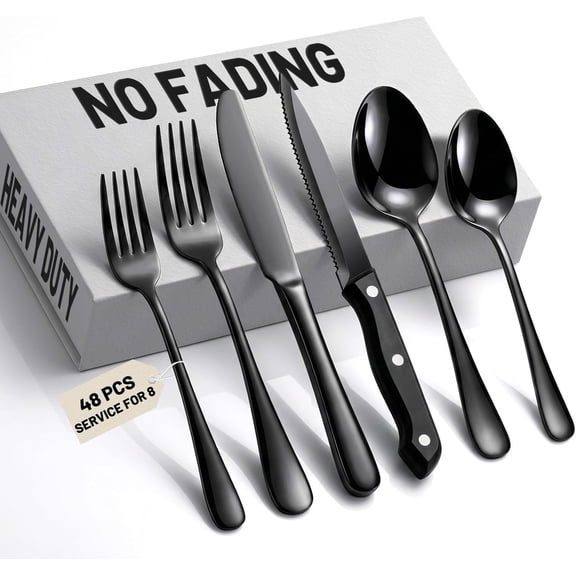 48 PCS NO-FADING Black Silverware Set with Steak Knives, Flatware for 8 | Titanium Black Finish, Rust Resistant, Food-Grade Stainless Steel Cutlery Utensils Set, Mirror Polished & Dishwasher Safe