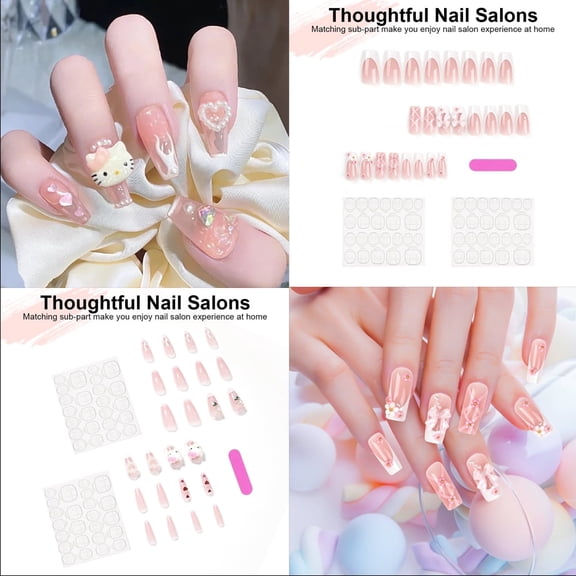 48 PCS Press-On Nails - Medium-Length Pink Rhinestone Fake Nails with Square Shape, Shiny Gloss, 3D Flowers, Pink Bows, and Gems, Super Natural Fit, Reusable Adhesive Nails for Daily and Party Wear