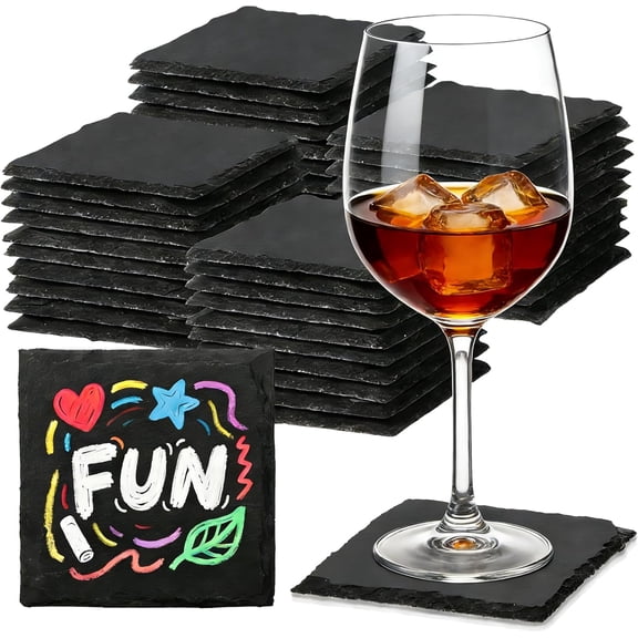 48 PCS Slate Coasters Black Square 4 Inch Bulk Rock, Blank Laser Engraving, Scratch Resistant Bottom, Home Office Kitchen Gift Wedding Bar Party Square Coasters