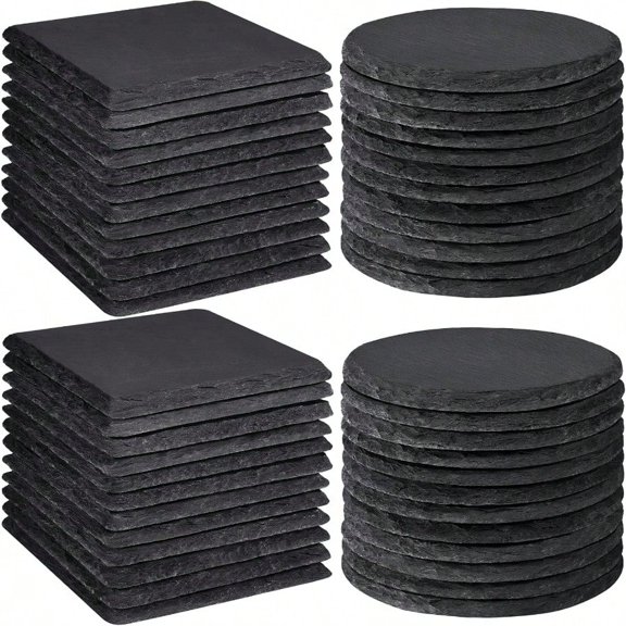 48 PCS Slate Coasters Bulk Laser Engraving Blanks Material For Engraver 4 Inch 24 PCS Natural Square 24 PCS Round Black Stone Coasters For Drinks Gifts Home Decor