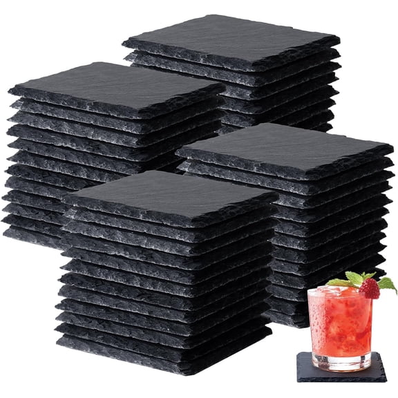 48 PCS Slate Coasters Set, 4 Inch Black Square Stone Coasters Bulk, Laser Engraving Blanks with Anti-Scratch Bottom for Drink Coffee Bar Kitchen Home Decor