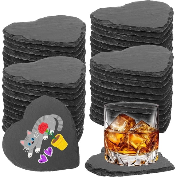 48 PCS Slate Drink Coasters Bulk,4 Inch Black Slate Stone Coasters for Office, Home Decor,Laser Engraving Blanks with Anti-Scratch Bottoms for Coffee Bar Kitchen Heart