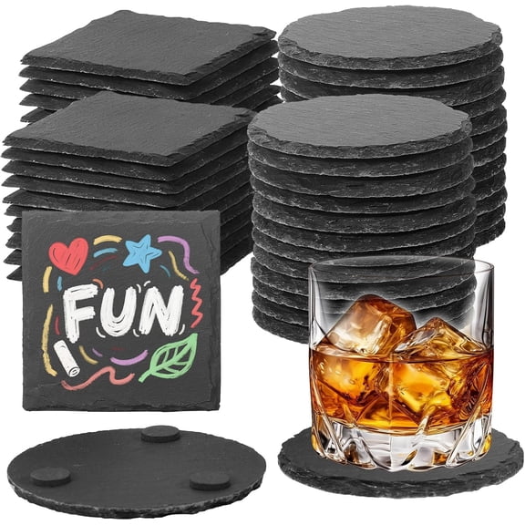 48 PCS Slate Drink Coasters Bulk,4 Inch Black Slate Stone Coasters for Office, Home Decor,Laser Engraving Blanks with Anti-Scratch Bottoms for Coffee Bar Kitchen Heart