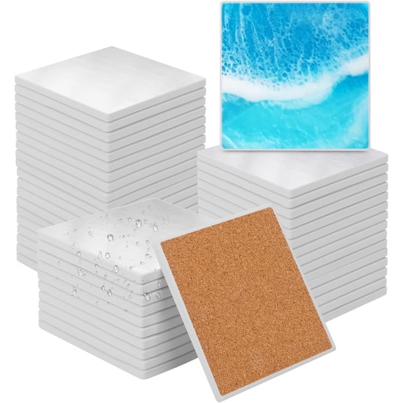 48 PCS Sublimation Blank Ceramic Coasters with Cork Backing Pads, 4x4 Inch Square Versatile & Decorative Glazed Ceramic Coasters for Crafting, Absorbent Ceramic Coaster for Drink