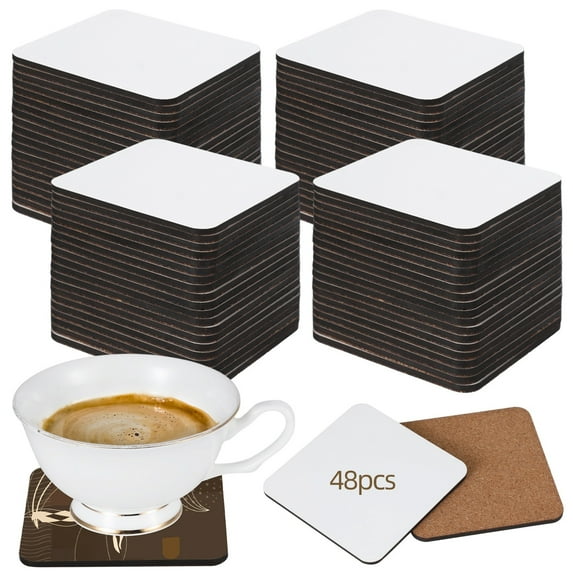 48 PCS Sublimation Square Coasters, Blank Sublimation Coaster with Cork Back, Heat Transfer Coaster with Non-Slip MDF Back, Cold & Heat Resistant Wood Coasters for Home Office DIY Present