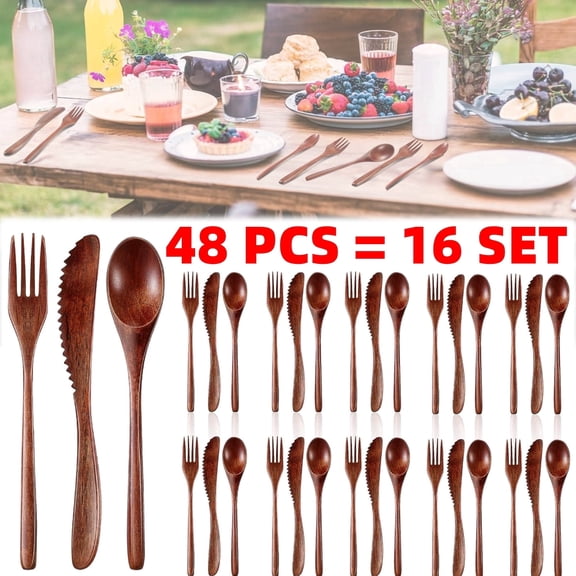 48 PCS Wood Flatware Set for Eating Lunch Utensils Wooden Cutlery Set Wooden Reusable Spoons Forks Knife Utensils for Eating